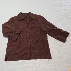 Jones New York Signature XL women brown top embroidered button linen lagenlook
